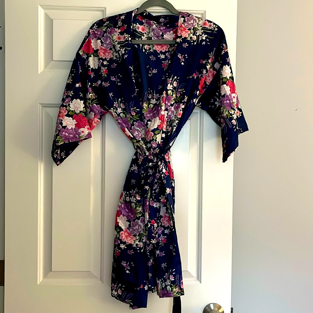 Navy Blue Floral Bridal Robe